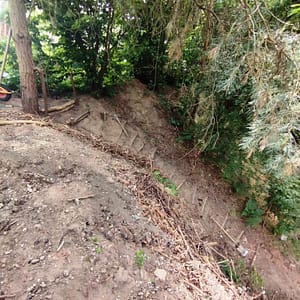 Das Hauptprojekt der nächsten Zeit stellt die Begehbarkeit der unteren Waldfläche dar. Provisorisch wird eine Treppe mit Geländer in den Hang gewerkelt, eine zweite soll folgen.