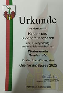 Diese Urkunde gab es für uns vom Vorsitzenden der Jugendfeuerwehren Magdeburg.
